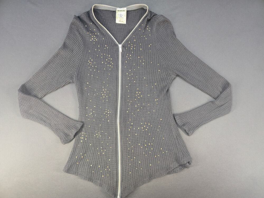 Vocal‎ Black Zip Front Waffle Knit Sweater Cardigan Womens XL Studded Stretch